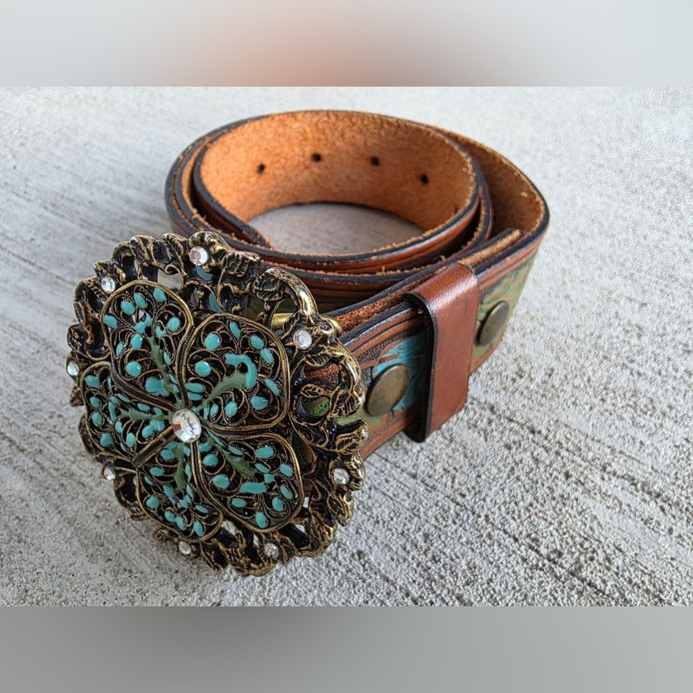 Vintage Arden B Genuine Leather Belt with Ornate Turquoise-Style Buckle